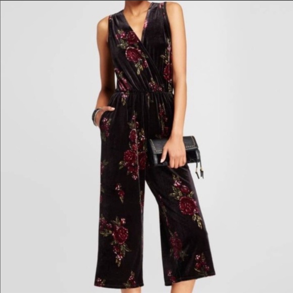 Xhilaration Pants - Xhilaration Floral Velour Wide Leg Jumpsuit